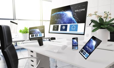 3D render mockup bilgisayar, mobil cihazlar ve çeşitli office açılış sayfası gösterilen ofisinde havada yüzen sağlar. NASA tarafından döşenmiş bazı öğeler.