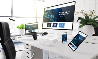 teknoloji sitesi gösterilen ofisinde havada yüzen 3D render mockup bilgisayar, mobil cihazlar ve çeşitli ofis malzemeleri
