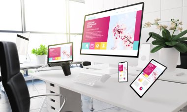 Müthiş duyarlı tasarım gösterilen ofisinde havada yüzen 3D render mockup bilgisayar, mobil cihazlar ve çeşitli ofis malzemeleri