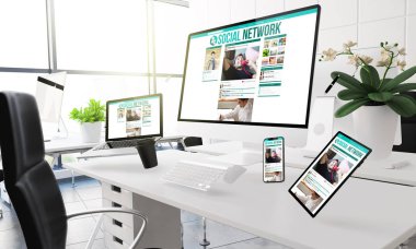 sosyal ağ gösterilen ofisinde havada yüzen 3D render mockup bilgisayar, mobil cihazlar ve çeşitli ofis malzemeleri