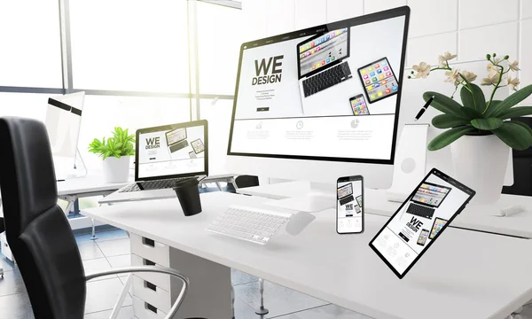 Bilgisayar Mobil Cihazlar Çeşitli Office Render Mockup Tasarım Web Sitesi — Stok fotoğraf