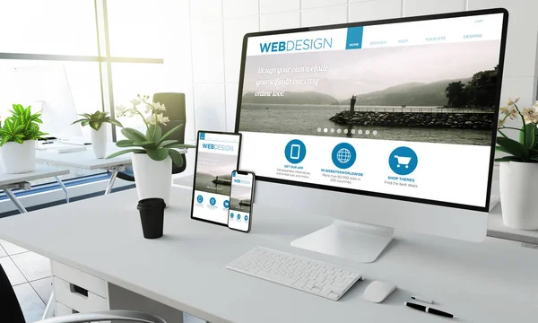 Web Ontwerp Scherm Apparaten Mockup Kantoor Rendering Coworking — Stockfoto