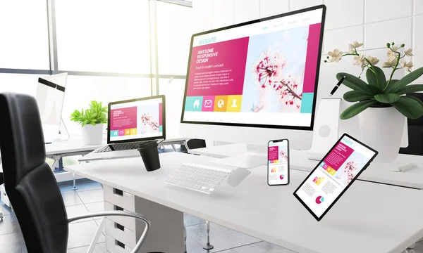 Rendering Mockup Van Computers Mobiele Apparaten Diverse Office Levert Zwevend — Stockfoto