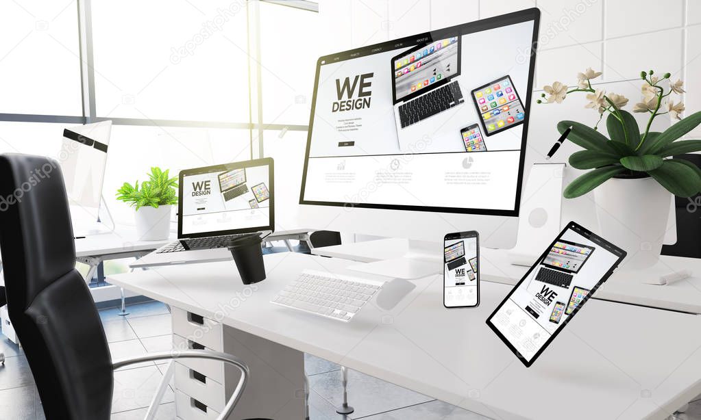 3d rendering mockup of computers, mobile devices and assorted office supplies floating  in mid-air at office showing design website