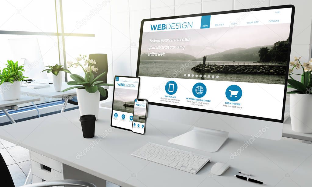 web design screen devices mockup at coworking office 3d rendering