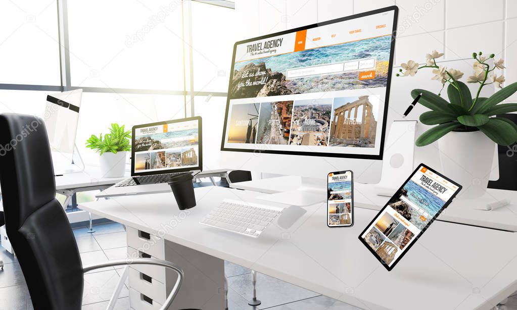 3d rendering mockup of computers, mobile devices and assorted office supplies floating  in mid-air at office showing travel agency