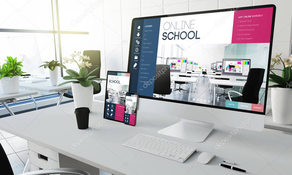 online school screen devices mockup at coworking office 3d rendering
