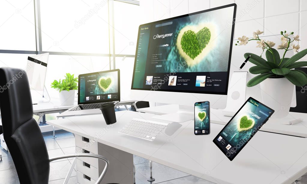 3d rendering mockup of computers, mobile devices and assorted office supplies floating  in mid-air at office showing honeymoon travel
