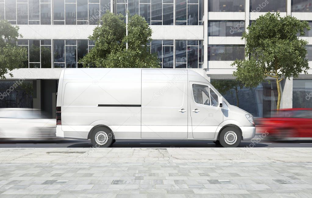 delivery van on the street 3d rendering mockup
