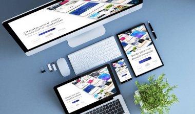 mavi aygıtlar üst görünüm yaratıcı web sitesi oluşturucu 3d oluşturma. 