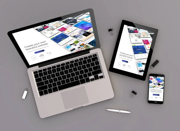 Rendering Van Website Bouwer Responsieve Apparaten Met Laptop Tablet Smartphone — Stockfoto