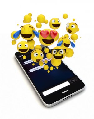 3d rendering of an original smartphone with emoticons going out of the screen. clipart