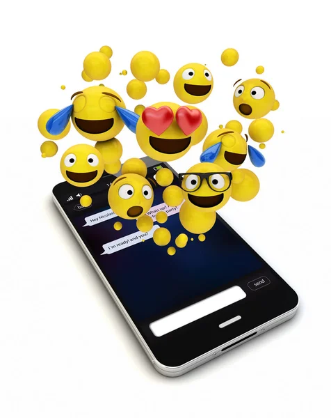 Rendering Uno Smartphone Originale Con Emoticon Che Escono Dallo Schermo — Foto Stock