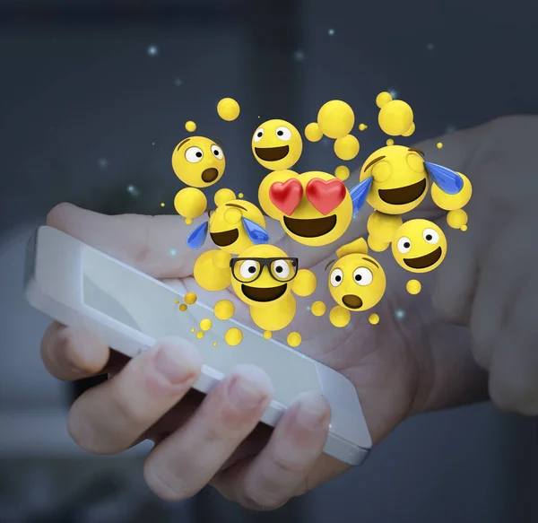 Vinger Aanraken Van Het Scherm Van Een Smartphone Emoticons Concept — Stockfoto