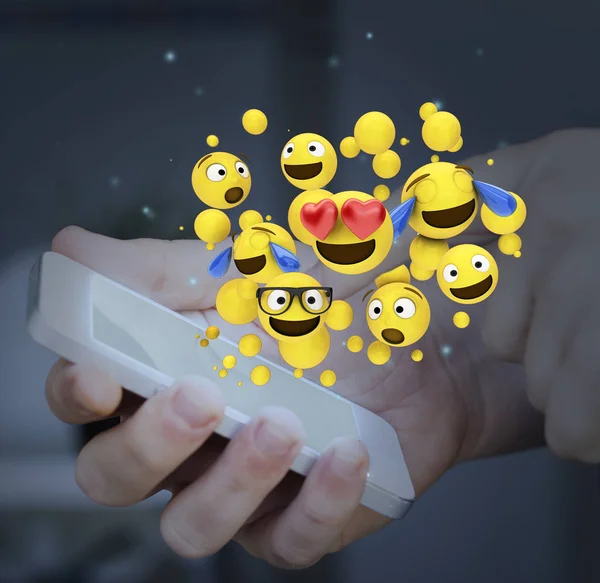 Dedo Tocando Uma Tela Smartphone Conceito Emoticons — Fotografia de Stock