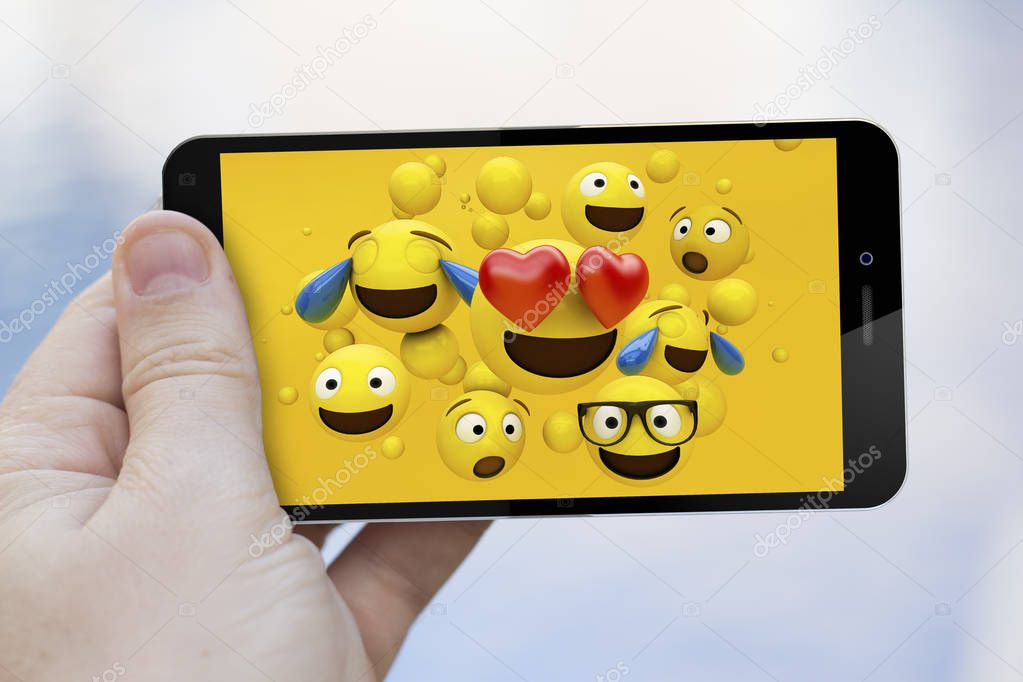 mobile communications concept: emoticons on smartphone screen. Screen graphics are made up.