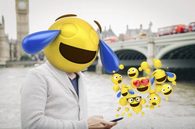 man with laugh ball-head receivingor sending emojis on smartphone clipart