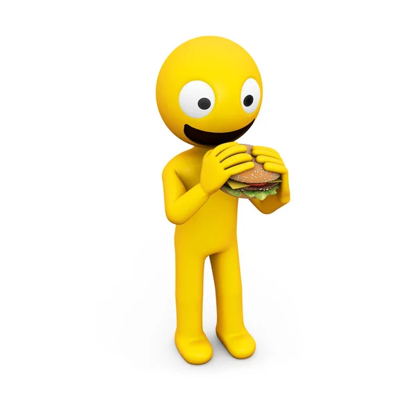 Render Karakter Bir Hamburger Yeme Izole — Stok fotoğraf