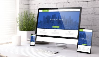 bir masaüstü 3d görüntüleme üzerinde modern web sitesini gösteren üç model aygıtı