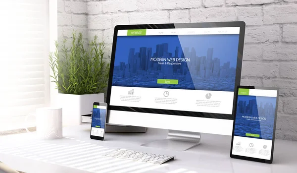 Drie Mockup Apparaten Tonen Moderne Website Een Desktop Rendering — Stockfoto