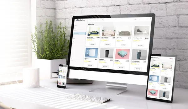 Three Mockup Devices Showing Online Shop Website Desktop Rendering — Stock Photo, Image