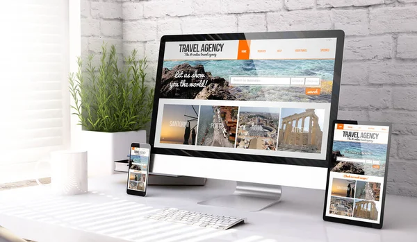 Three Mockup Devices Showing Travel Agency Website Desktop Rendering — Stock Photo, Image