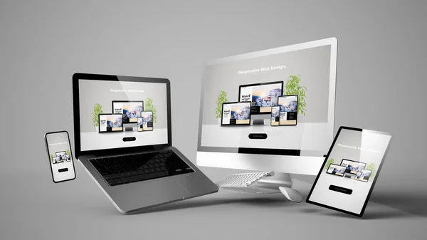 反応性の高いウェブサイトのデザインでモックアップ浮動デバイス3Dレンダリング — ストック写真