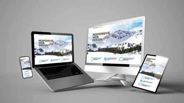 Schwimmende Geräte Attrappe Mit Responsivem Webdesign Rendering — Stockfoto