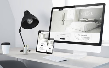 3D görüntüleme aygıtlarında ilgili otel web sitesine sahip minimal masaüstü