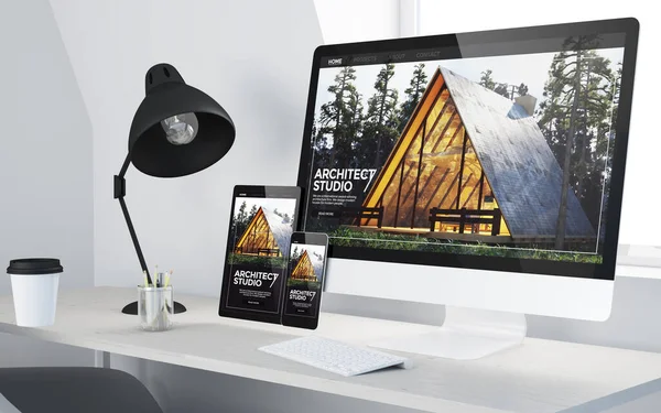 Desktop Minimal Dengan Studio Arsitek Responsif Perangkat Rendering — Stok Foto