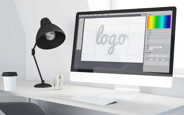 Minimalt Skrivbord Med Logotyp Design Programvara Dator Rendering — Stockfoto