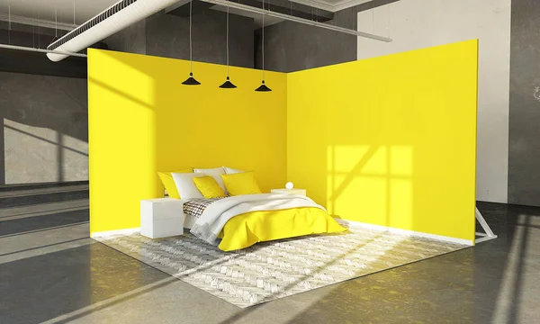 yellow bedroom showroom 3d rendering