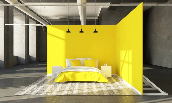 yellow bedroom on a showroom space 3d rendering