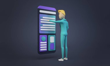 karikatür işadamı akıllı telefon ekranı arayüzüne dokunuyor 3D görüntüleme