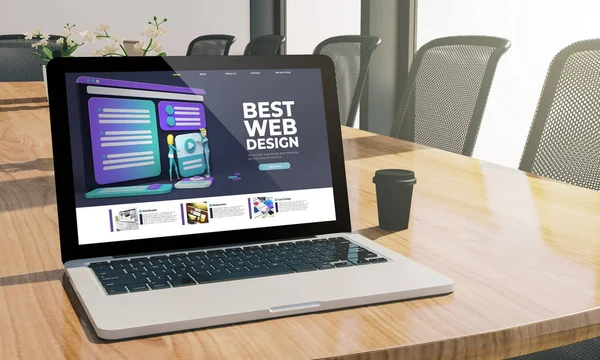 Ontwerp Website Het Scherm Laptop Vergaderzaal Rendering — Stockfoto