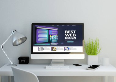 Modern temiz çalışma alanı modeli ile ilgili şablon web sitesi ekranda. 3D görüntüleme. Tüm ekran grafikleri uydurma.