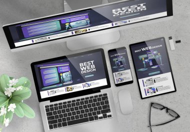Tepkili tasarım web sitesi aygıtların üst görünümü ahşap masaüstü 3D görüntüleme