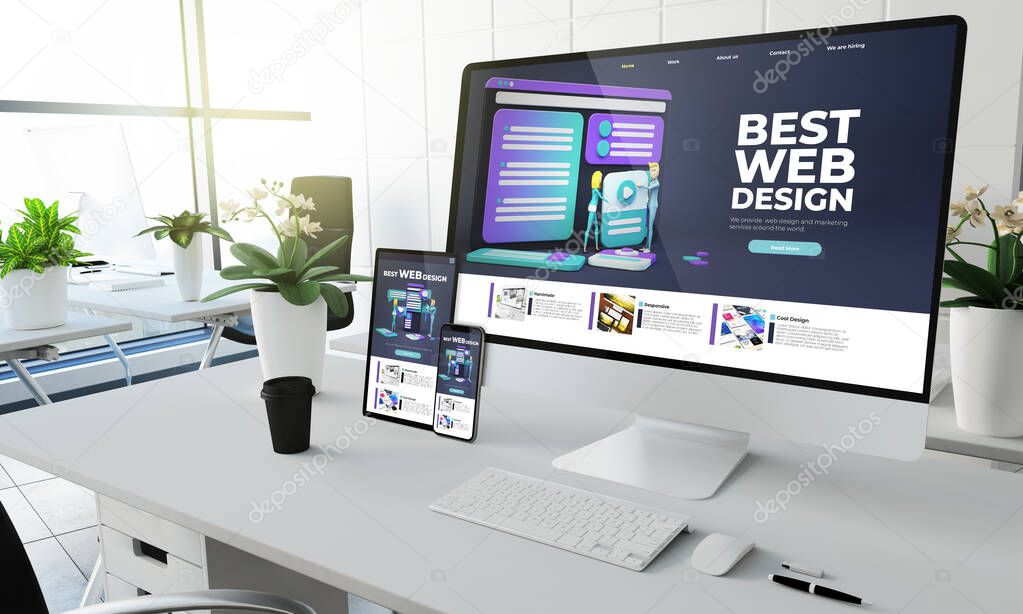 web design website screen devices mockup at coworking office 3d rendering