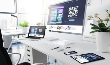 ofis yanıtlayıcı aygıtlar tasarımı web sitesi 3d oluşturma
