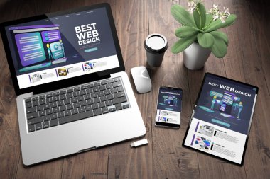 Tahta masaüstü görünümünde karşıt tasarım web sitesi olan üç aygıtın 3d görüntülenmesi