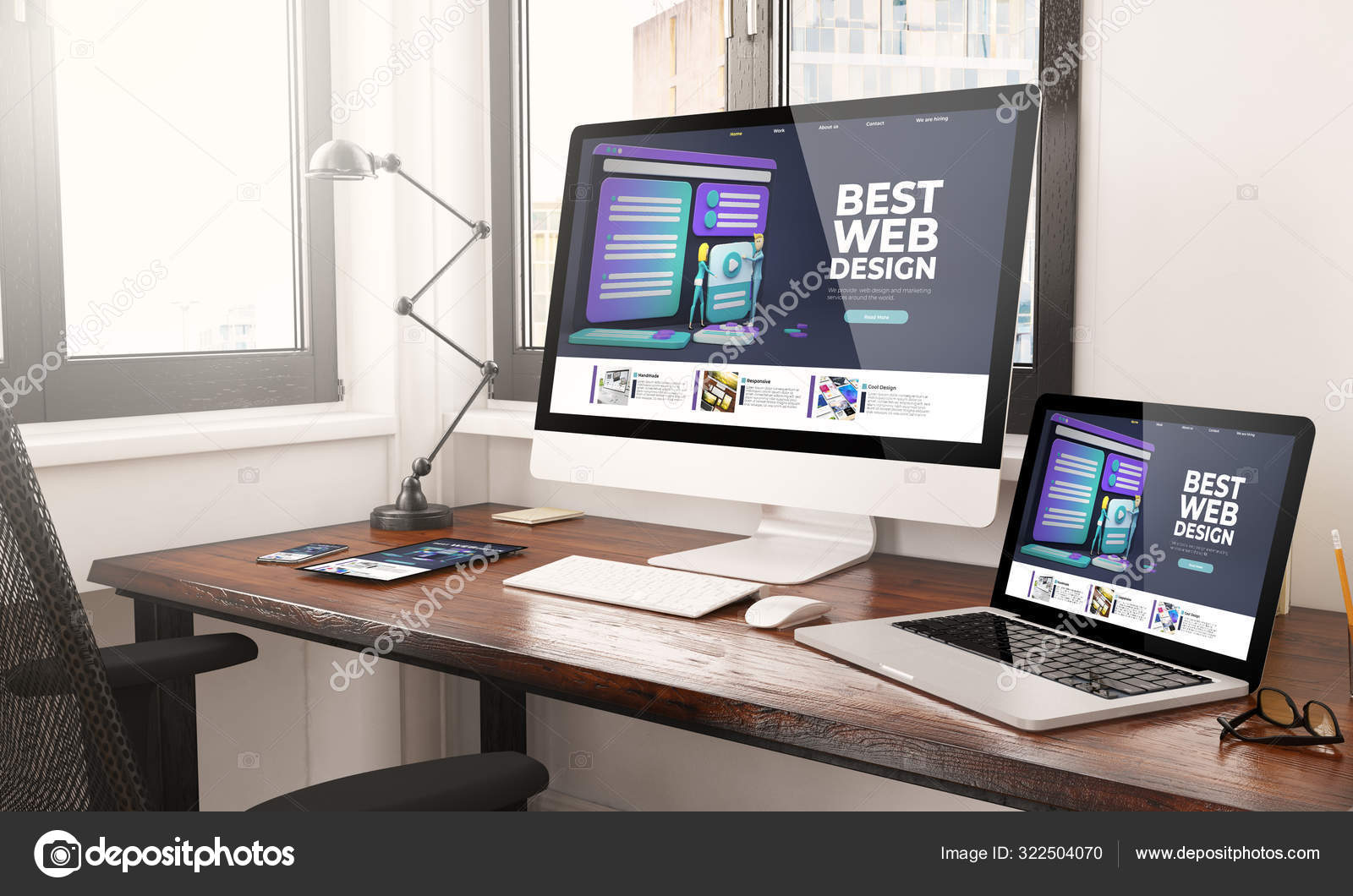 レスポンシブwebデザインのデスクトップ3dレンダリングを備えたデバイス ストック写真 C Georgejmclittle