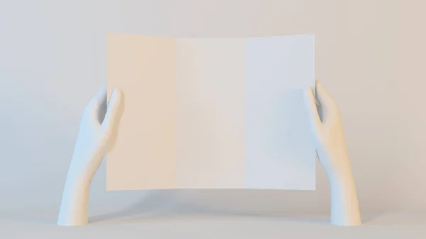 White Hands Holding Trifold Brochure Mockup Rendering — Stock Photo, Image