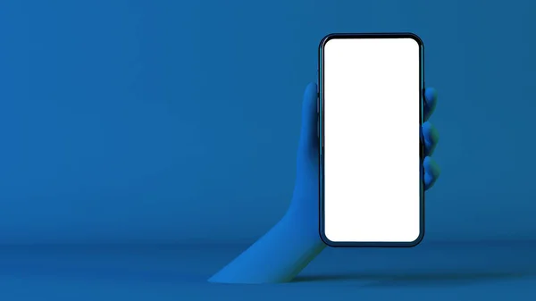Surrealistická Ruka Drží Smartphone Mock Vykreslování Modrém Pozadí — Stock fotografie