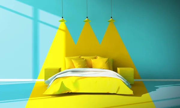 Blau Und Gelb Kreative Schlafzimmer Rendering — Stockfoto