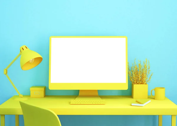 青と黄色の3Dレンダリングコンピュータのモックアップでクールなオフィスのデスクトップ — ストック写真