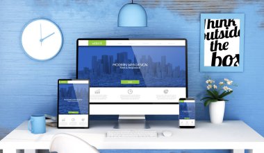 Aygıtlar üzerindeki ilgili modern web tasarımı ile mavi stüdyo 3D görüntüleme