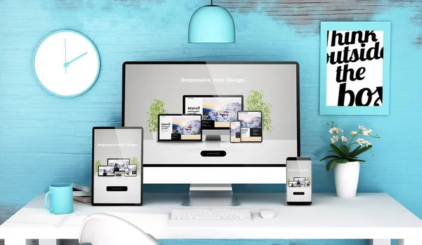 blue studio with responsive web design on devices mock up 3d rendering