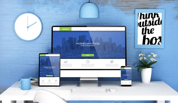 Μπλε Στούντιο Responsive Σύγχρονο Web Design Συσκευές Mock Rendering — Φωτογραφία Αρχείου