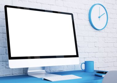 mavi ve beyaz stüdyo 3D hazırlama bilgisayarı