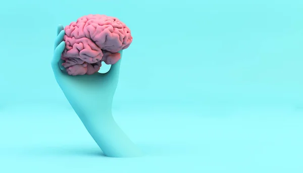 ピンクの脳の概念を持つ青い手3Dレンダリング — ストック写真